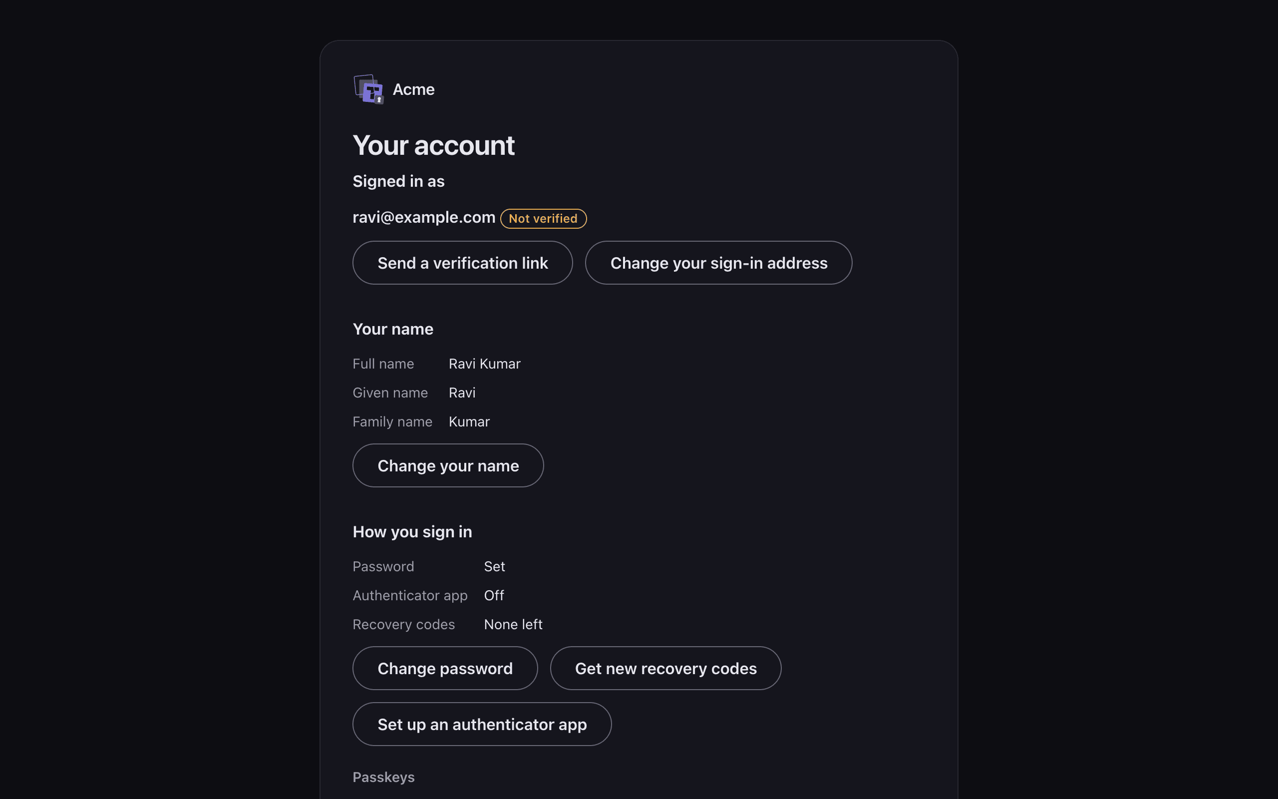 The account portal for a demo user: the sign-in address, the name, and how the user signs in.