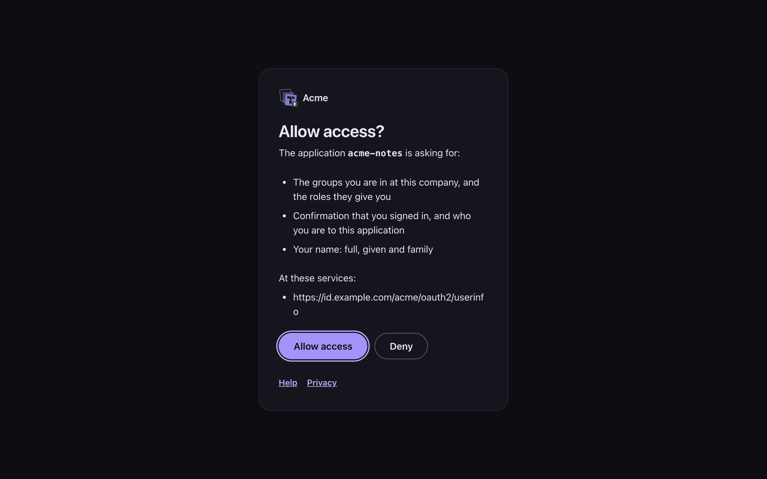 The consent page: the application acme-notes asks for groups and roles, sign-in confirmation and the user's name, at one service, with Allow access and Deny.