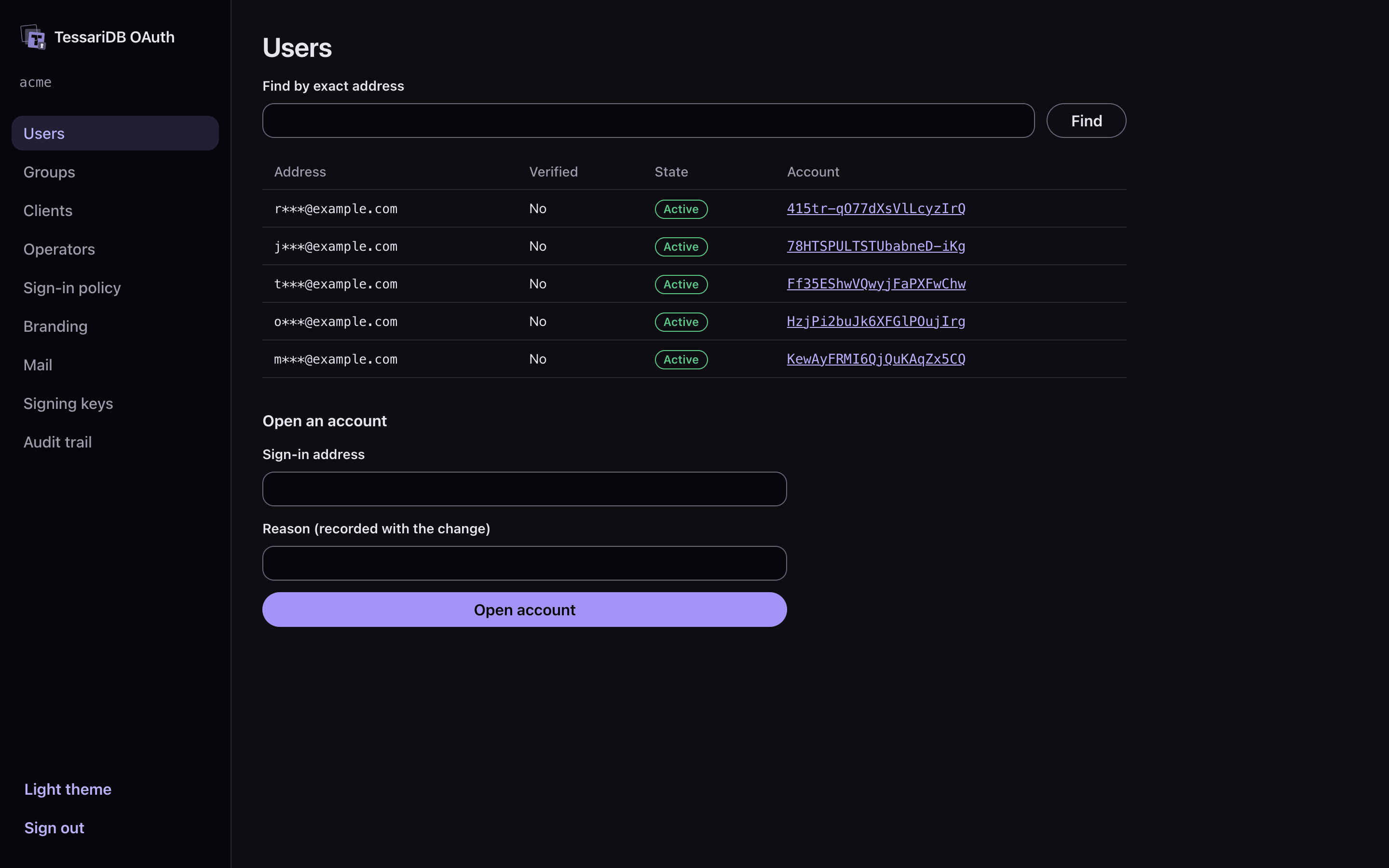 The admin console's Users page: addresses shown masked, each with its verification state and account id.