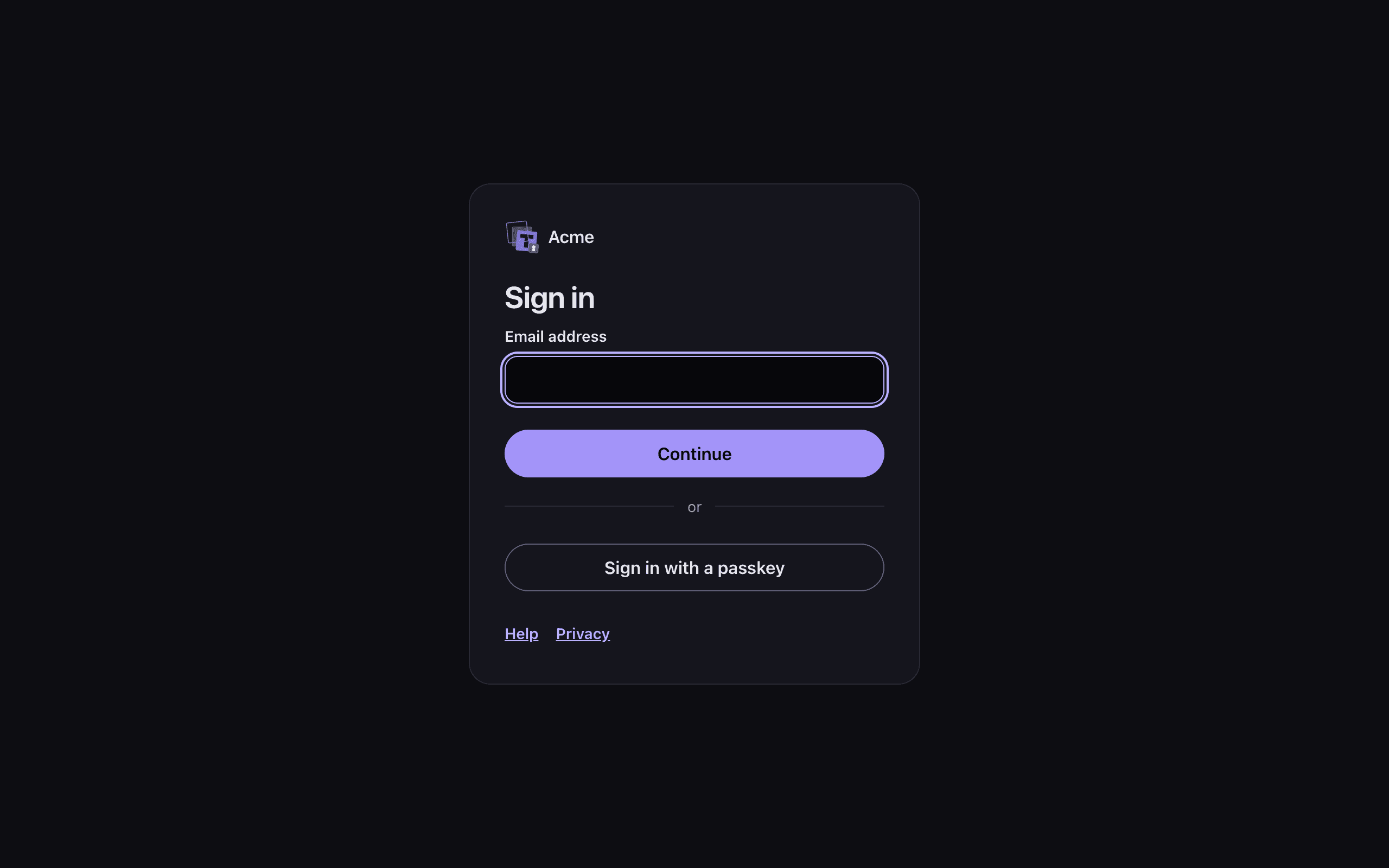 The sign-in page of the demo company Acme: an email field and a Continue button.